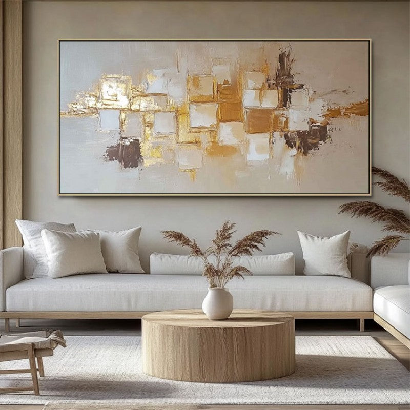 Golden Mosaic Abstract Oil Painting – Luxury Gold & White Impasto Panoramic Canvas, wall art, crafted in a warm Japandi