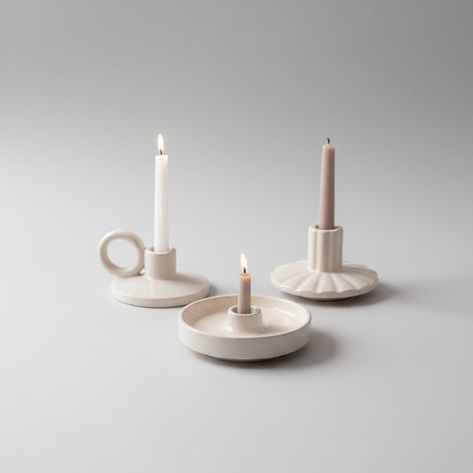 Raw Ceramic Taper Holder | Japandi Chamberstick & Disc Candle Holder, candle holders, crafted in a warm Japandi minimalist