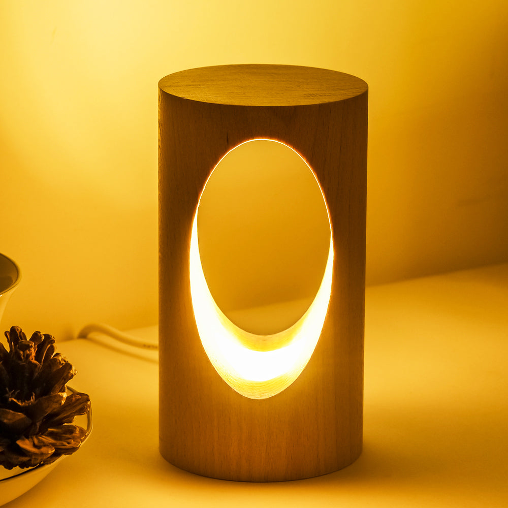 Solid Wood Hollow LED Table Lamp – Sculptural Warm Glow Light, night lights, lifestyle view, blending Scandinavian and
