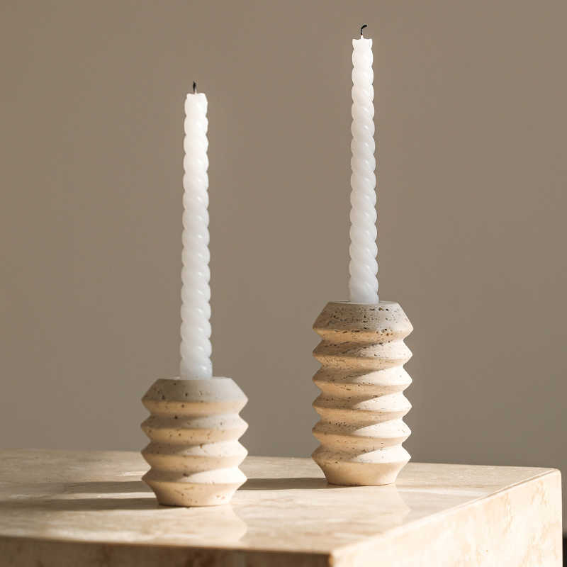 Ridged Travertine Taper Holder | Japandi Threaded Stone Candle Holder, candle holders, crafted in a warm Japandi minimalist