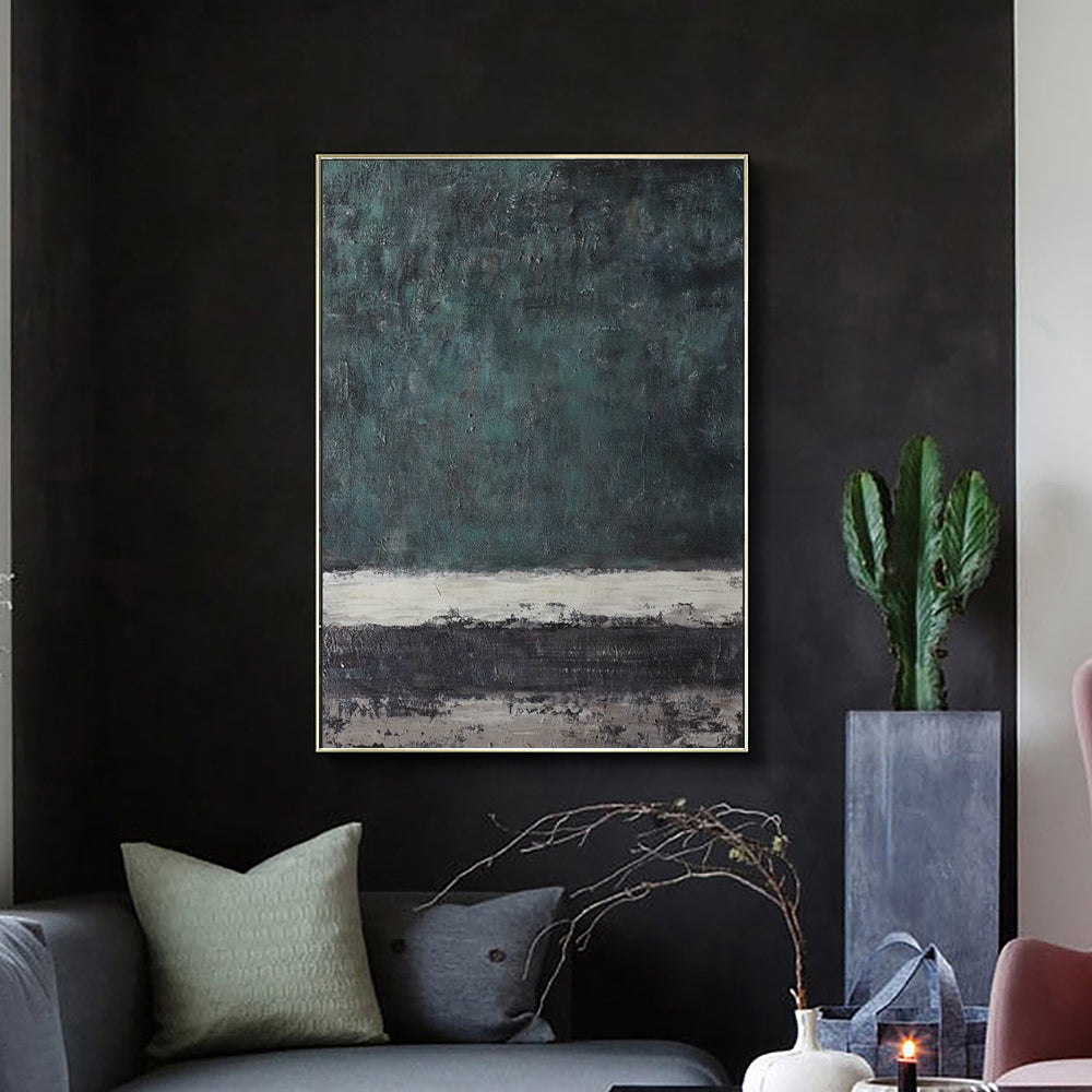 Deep Teal Abstract Impasto Oil Painting – Moody Green Wabi-Sabi Vertical Canvas, wall art, detail view, embracing wabi-sabi