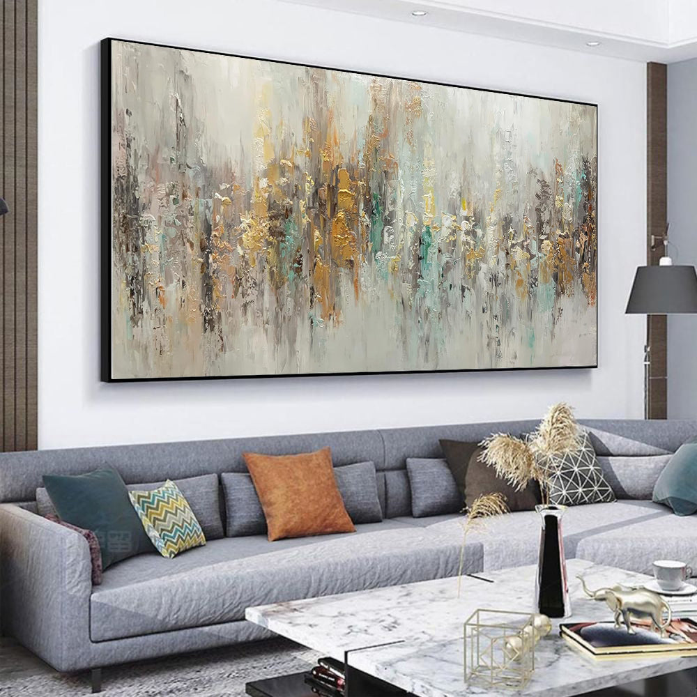 Large Handmade Abstract Oil Painting – Gold & Teal Impasto Textured Canvas, wall art, front view, with calming Nordic