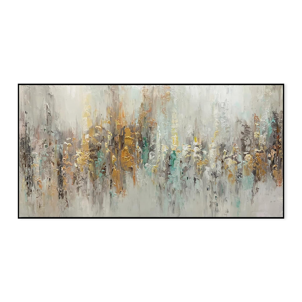 Large Handmade Abstract Oil Painting – Gold & Teal Impasto Textured Canvas, wall art, alternate angle, for a serene modern