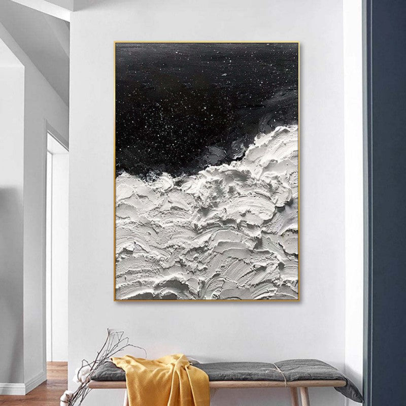 Oceans of Stars – Handmade Black & White Impasto Oil Painting with Gold Star Flecks, wall art, crafted in a warm Japandi