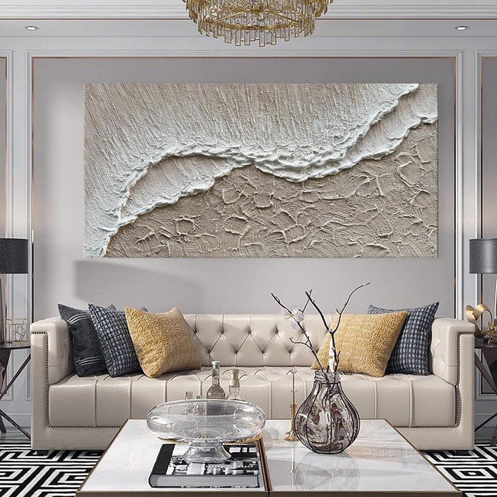 Ocean Wave Handmade Oil Painting – Textured White Sea & Sand Impasto Canvas, wall art, alternate angle, for a serene modern