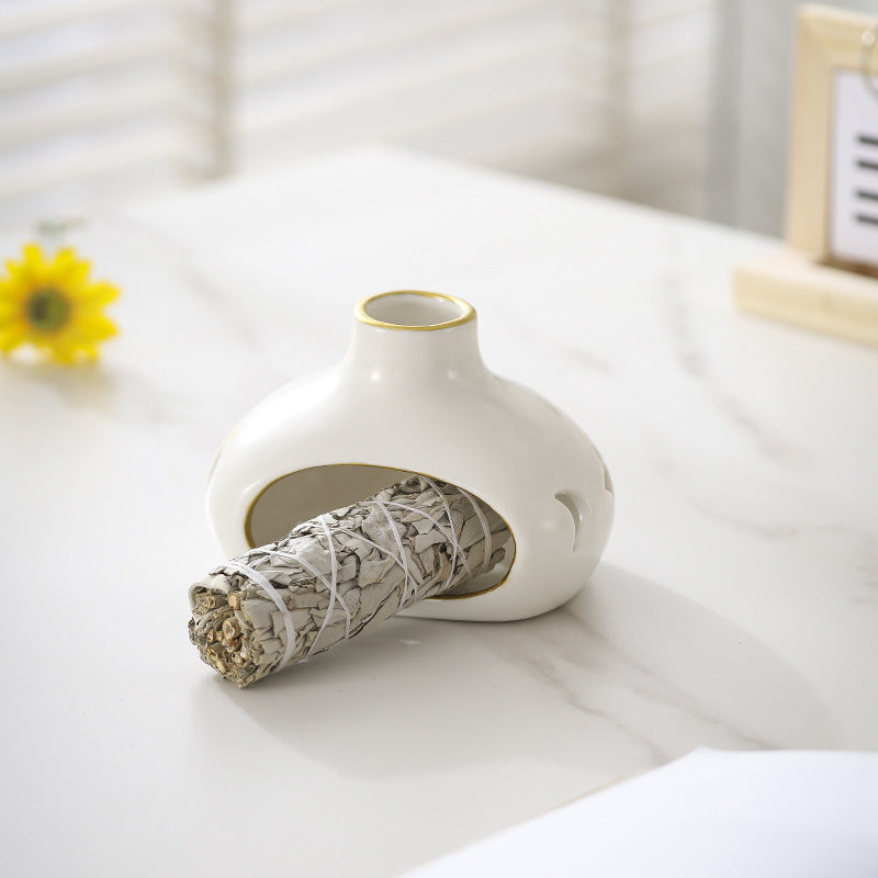 Vessel Ceramic Sage & Palo Santo Burner | Japandi Ritual Home Fragrance, incense burners, detail view, embracing wabi-sabi