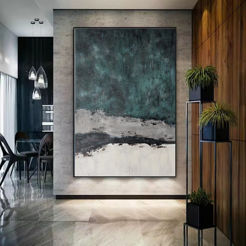 Deep Teal Abstract Impasto Oil Painting – Moody Green Wabi-Sabi Vertical Canvas, wall art, front view, with calming Nordic