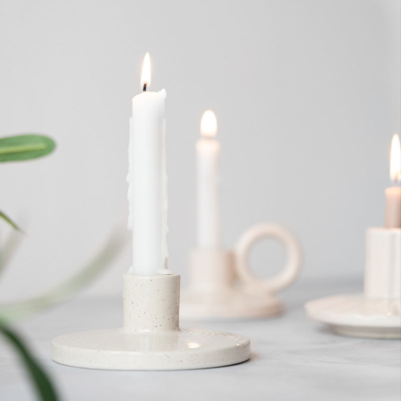 Raw Ceramic Taper Holder | Japandi Chamberstick & Disc Candle Holder, candle holders, detail view, embracing wabi-sabi