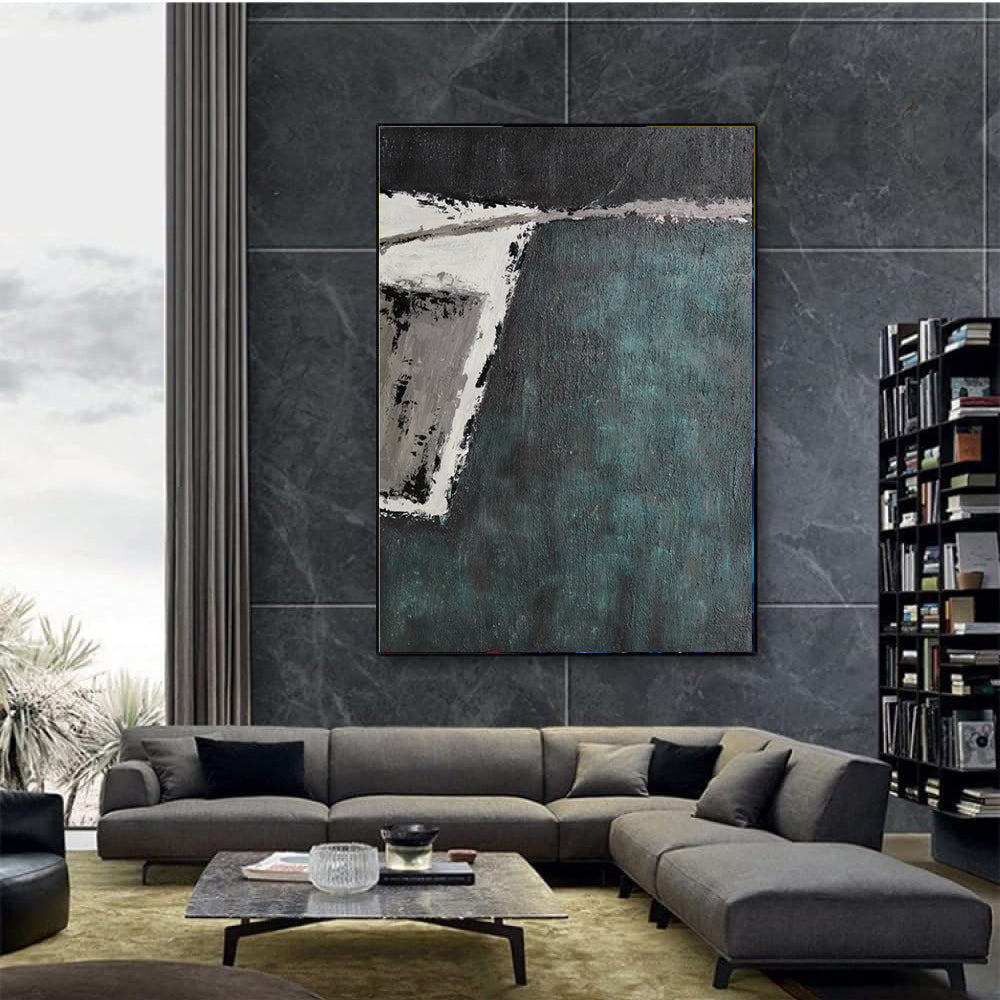 Deep Teal Abstract Impasto Oil Painting – Moody Green Wabi-Sabi Vertical Canvas, wall art, alternate angle, for a serene