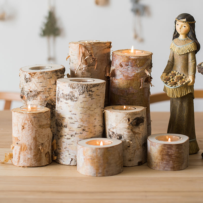 Birch Bark Tea Light Holder | Japandi Natural Wood Log Candle Holder, candle holders, front view, with calming Nordic