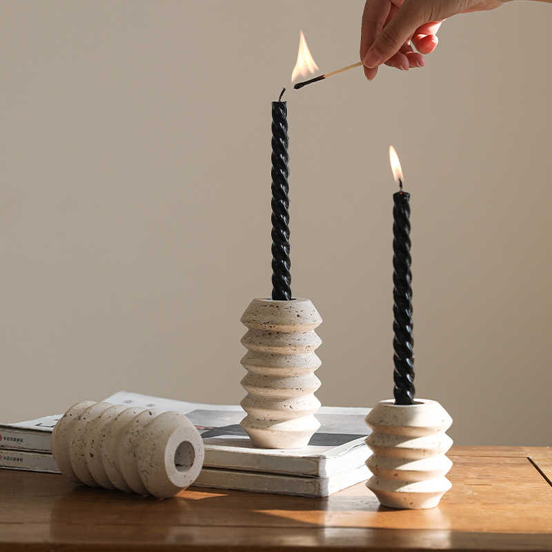 Ridged Travertine Taper Holder | Japandi Threaded Stone Candle Holder, candle holders, front view, with calming Nordic