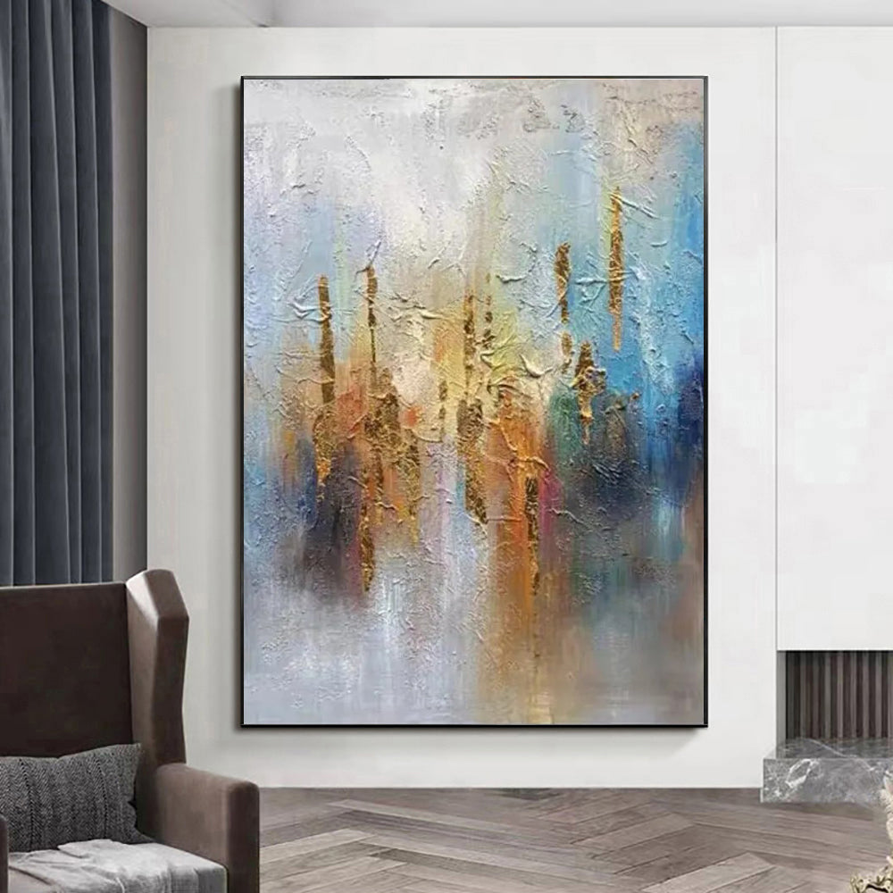 Rising Light Abstract Impasto Oil Painting – Gold & Teal Vertical Textured Canvas, wall art, crafted in a warm Japandi
