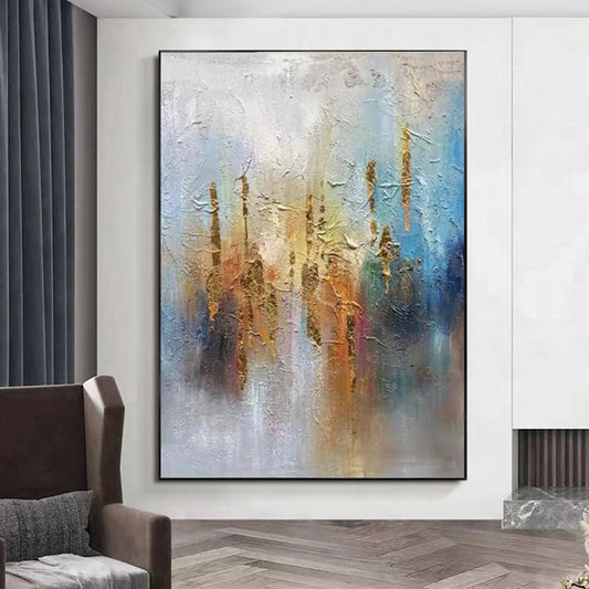 Rising Light Abstract Impasto Oil Painting – Gold & Teal Vertical Textured Canvas, wall art, crafted in a warm Japandi