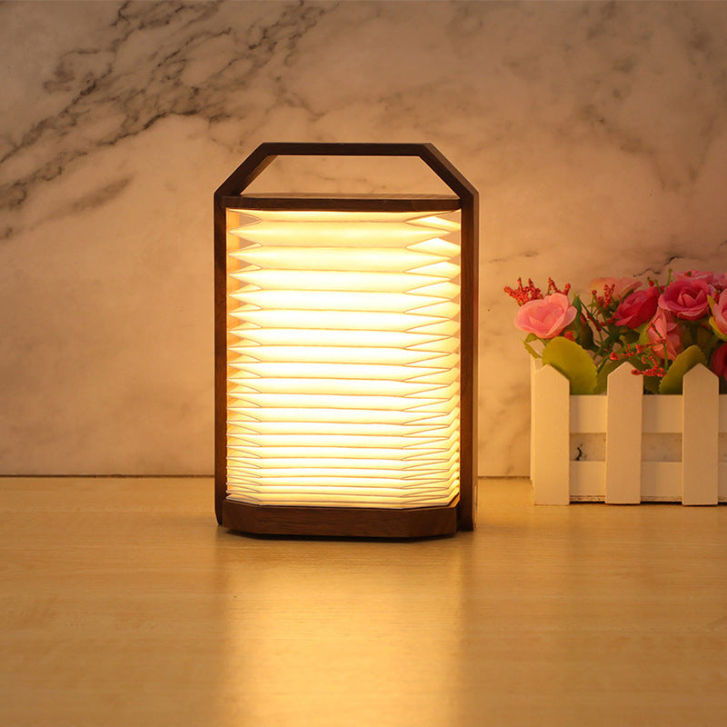 Foldable Wooden Lantern Lamp – Portable Rechargeable Accordion Light, night lights, front view, with calming Nordic