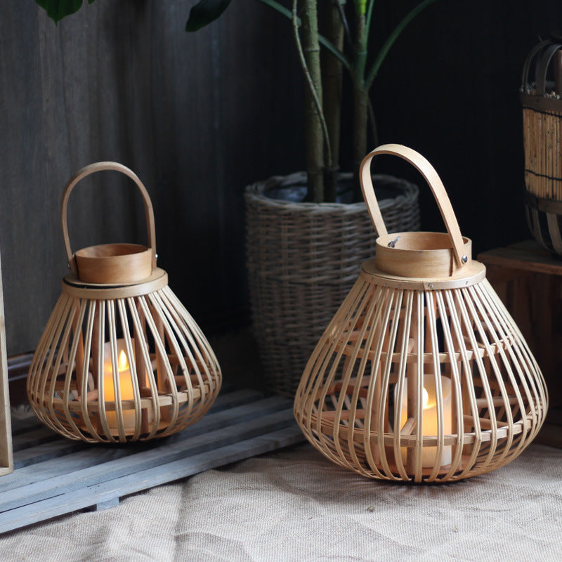 Handmade Bamboo Candle Lantern | Artisanal Japandi Woven Lantern, candle holders, detail view, embracing wabi-sabi natural