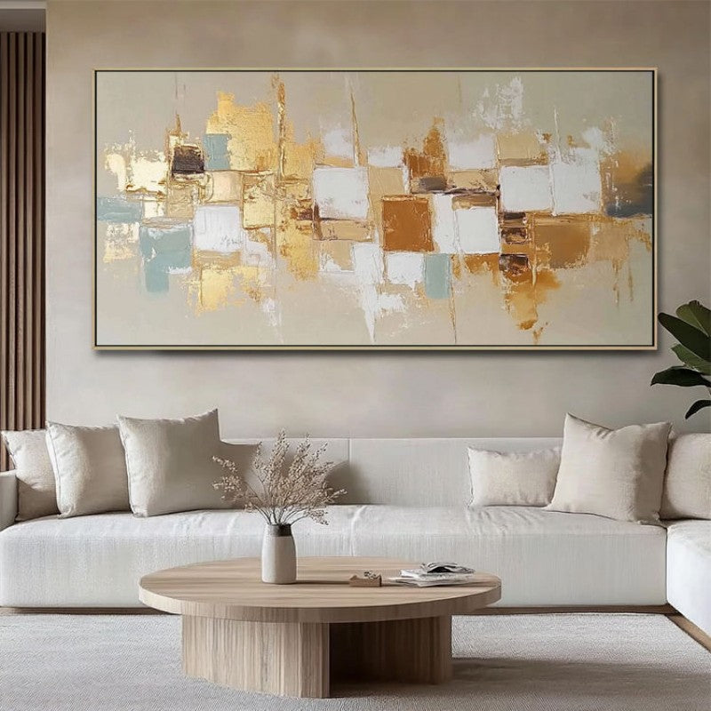 Golden Mosaic Abstract Oil Painting – Luxury Gold & White Impasto Panoramic Canvas, wall art, in a styled setting, in soft