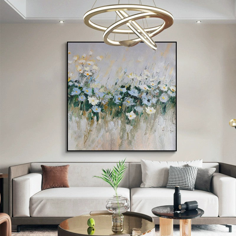 White & Blue Meadow Flowers Handmade Oil Painting – Impressionist Floral Square Canvas, wall art, alternate angle, for a