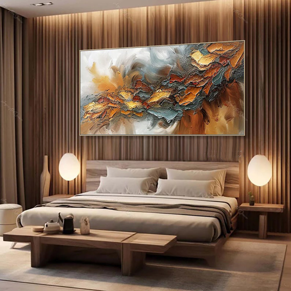 Autumn Storm Palette Knife Oil Painting – Amber, Gold & Teal Horizontal Textured Canvas, wall art, in a styled setting, in