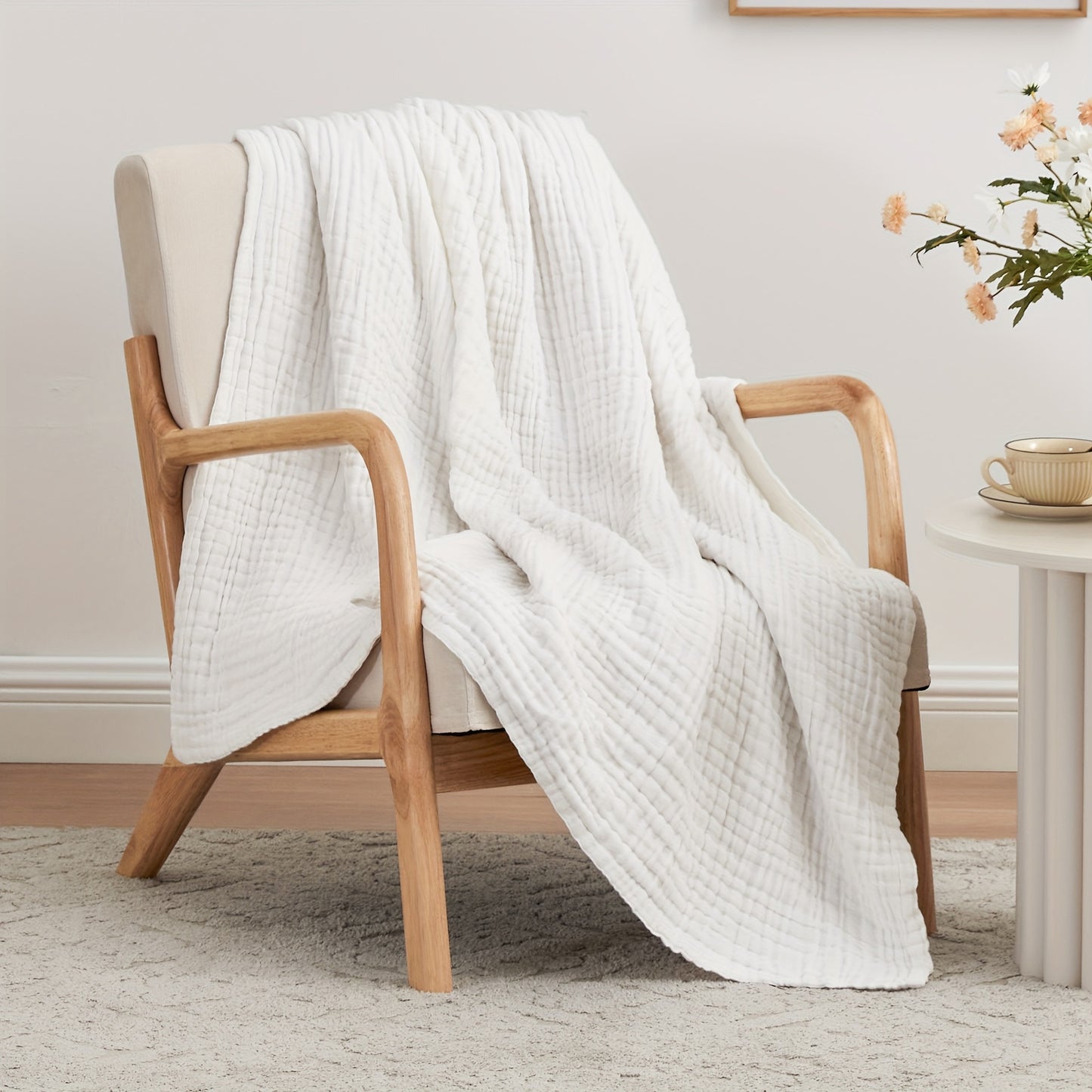 Six-Layer Cotton Muslin Throw | Japandi Gauze Sofa & Bed Blanket, blankets & throws, in a styled setting, in soft neutral