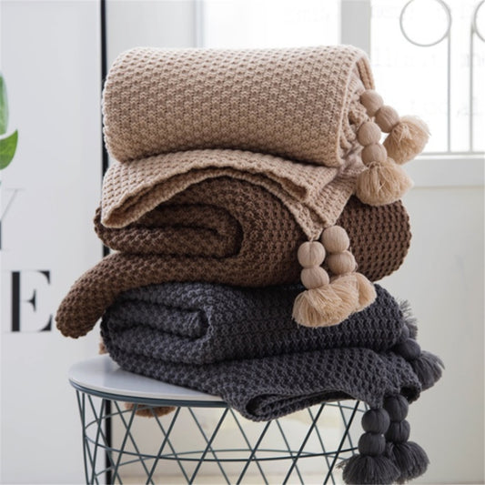 Pom-Pom Corner Knit Throw | Japandi Diamond Weave Sofa Blanket, blankets & throws, crafted in a warm Japandi minimalist style