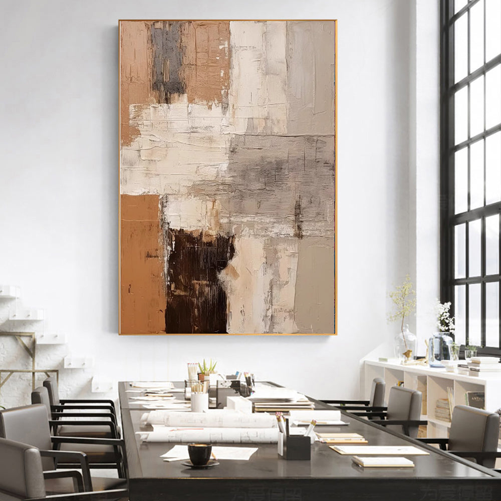 Large Vertical Abstract Impasto Oil Painting – Wabi-Sabi Terracotta & Cream Canvas, wall art, in a styled setting, in soft