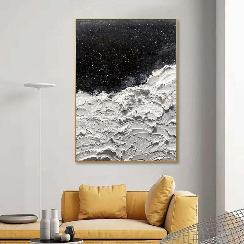 Oceans of Stars – Handmade Black & White Impasto Oil Painting with Gold Star Flecks, wall art, detail view, embracing