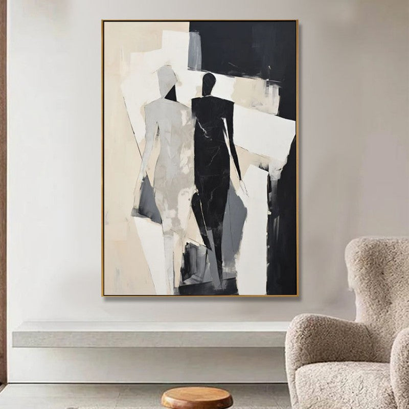 Two Souls – Noir Abstract Figurative Oil Painting | Black & White Vertical Canvas, wall art, crafted in a warm Japandi