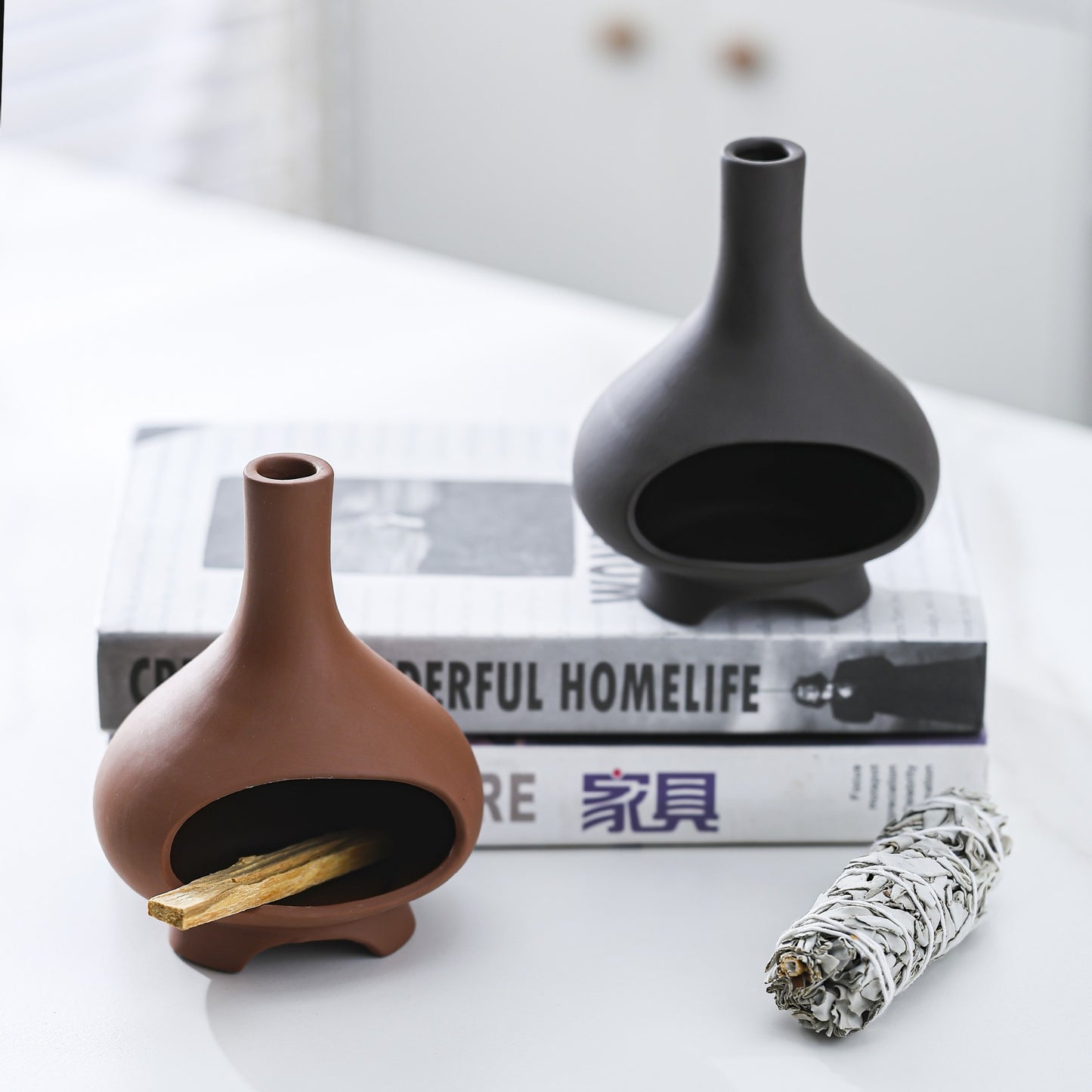Teardrop Ceramic Sage & Palo Santo Burner | Japandi Ritual Home Fragrance, incense burners, lifestyle view, blending