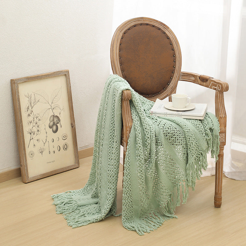 Tassel Knit Throw Blanket | Nordic Sofa & Bed Throw, blankets & throws, alternate angle, for a serene modern home