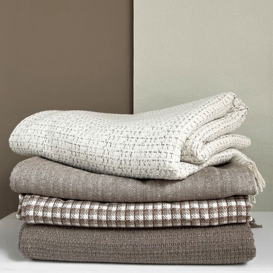 Wabi-Sabi Woven Throw & Bed Runner | Japandi Geometric Sofa Blanket, blankets & throws, close-up detail, crafted in a warm