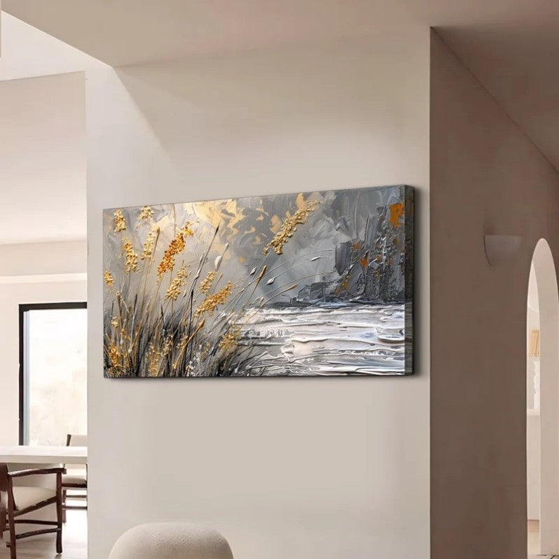 Golden Reeds at Dusk – Handmade Impasto Landscape Oil Painting, Panoramic Canvas, wall art, in a styled setting, in soft
