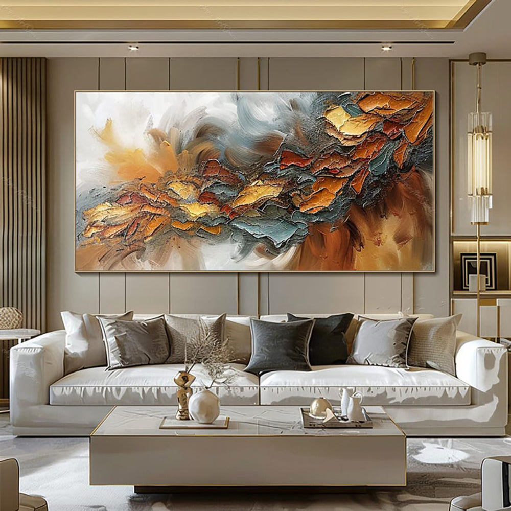 Autumn Storm Palette Knife Oil Painting – Amber, Gold & Teal Horizontal Textured Canvas, wall art, lifestyle view, blending