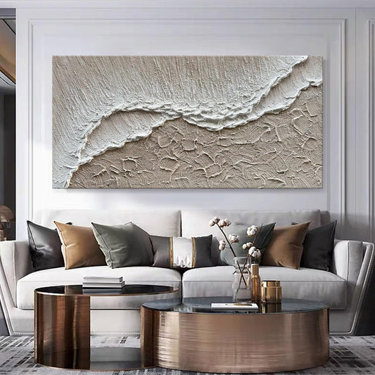 Ocean Wave Handmade Oil Painting – Textured White Sea & Sand Impasto Canvas, wall art, crafted in a warm Japandi minimalist
