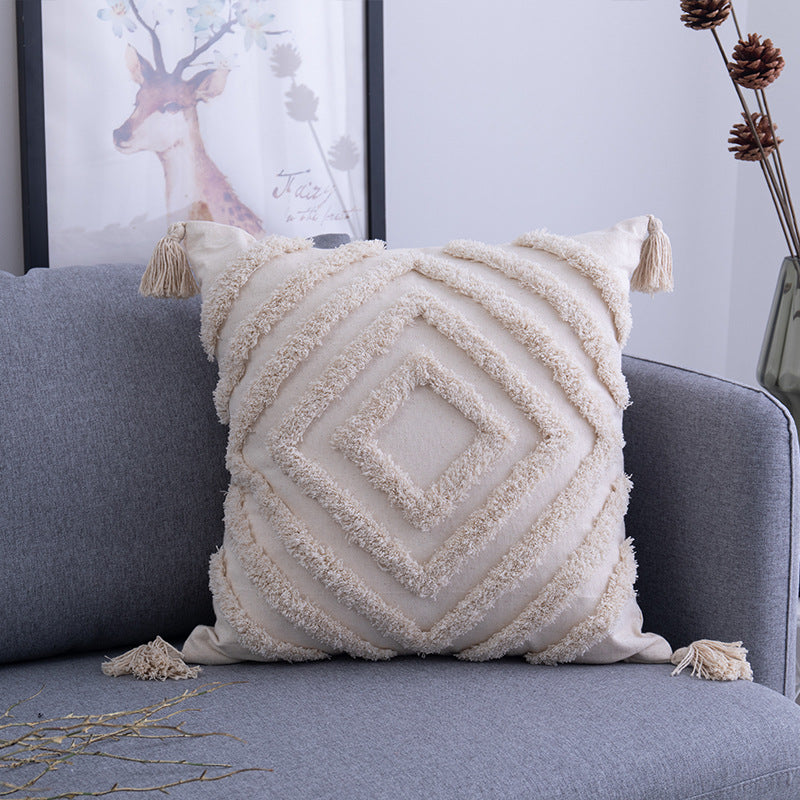 Tufted Moroccan Tassel Cushion Cover | Boho Cotton Style, cushions & inserts, detail view, embracing wabi-sabi natural