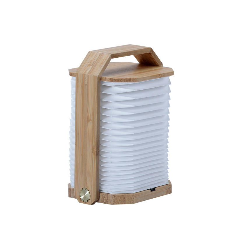 Foldable Wooden Lantern Lamp – Portable Rechargeable Accordion Light, night lights, detail view, embracing wabi-sabi natural
