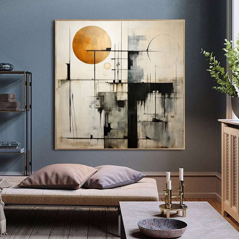 Bauhaus Geometric Abstract Oil Painting – Black, White & Gold Square Canvas, wall art, close-up detail, crafted in a warm