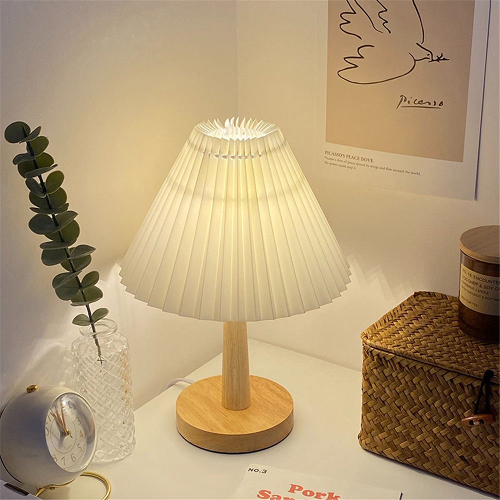 Vintage Pleated Fabric Table Lamp – Dimmable Korean Desk Light, night lights, front view, with calming Nordic simplicity