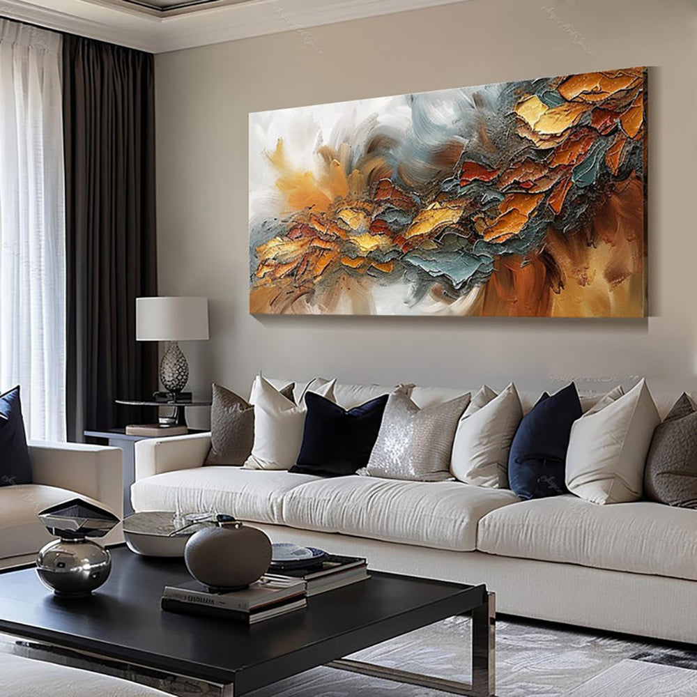 Autumn Storm Palette Knife Oil Painting – Amber, Gold & Teal Horizontal Textured Canvas, wall art, alternate angle, for a