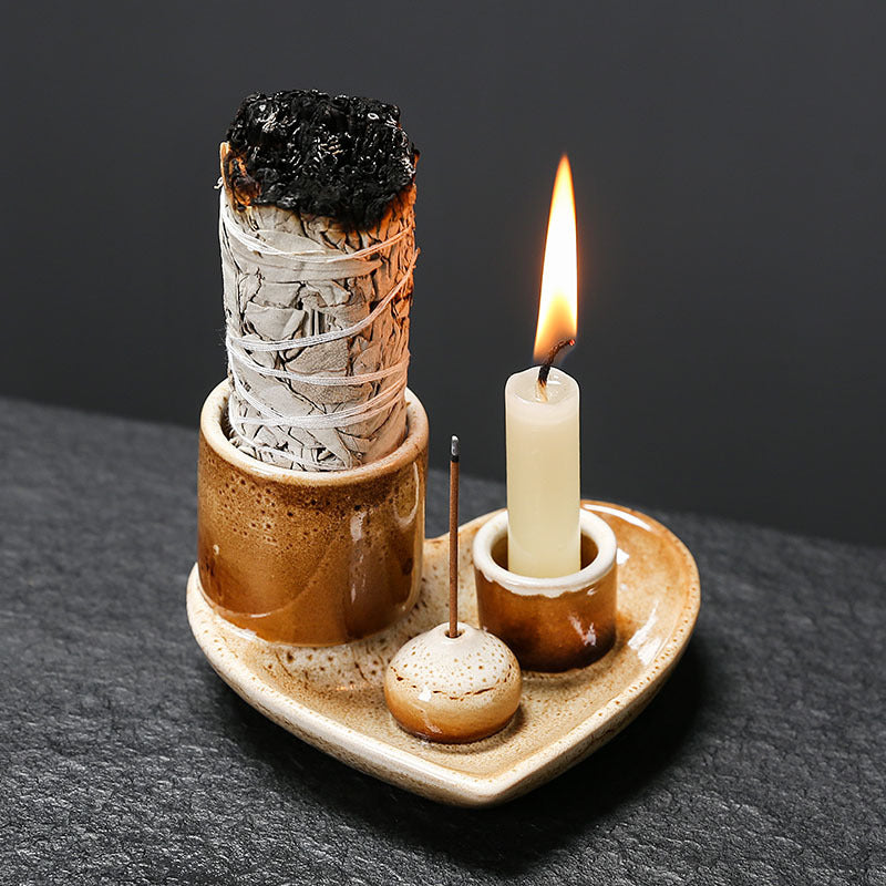 Ceramic Ritual Tray Set | Japandi Home Fragrance, incense burners, front view, with calming Nordic simplicity