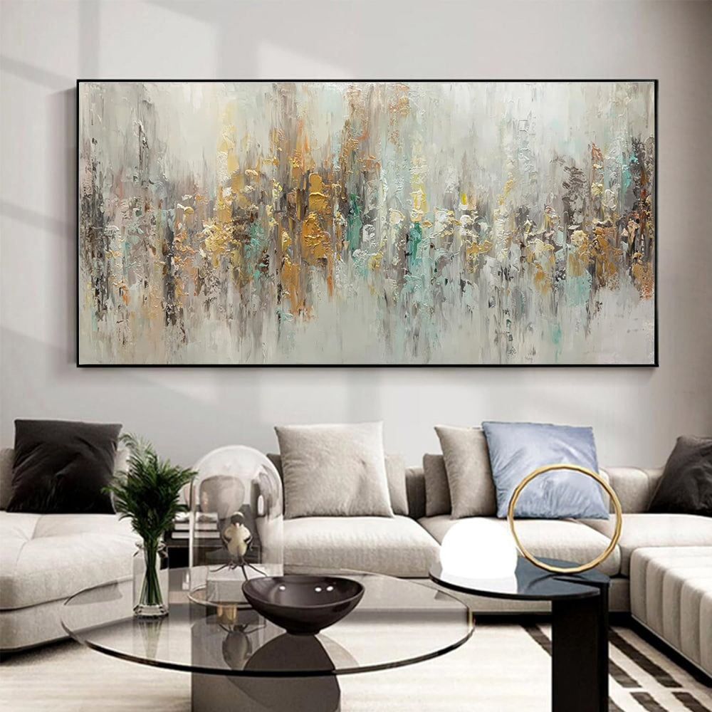 Large Handmade Abstract Oil Painting – Gold & Teal Impasto Textured Canvas, wall art, detail view, embracing wabi-sabi