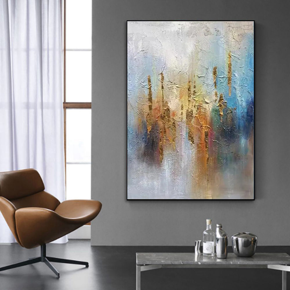 Rising Light Abstract Impasto Oil Painting – Gold & Teal Vertical Textured Canvas, wall art, front view, with calming Nordic