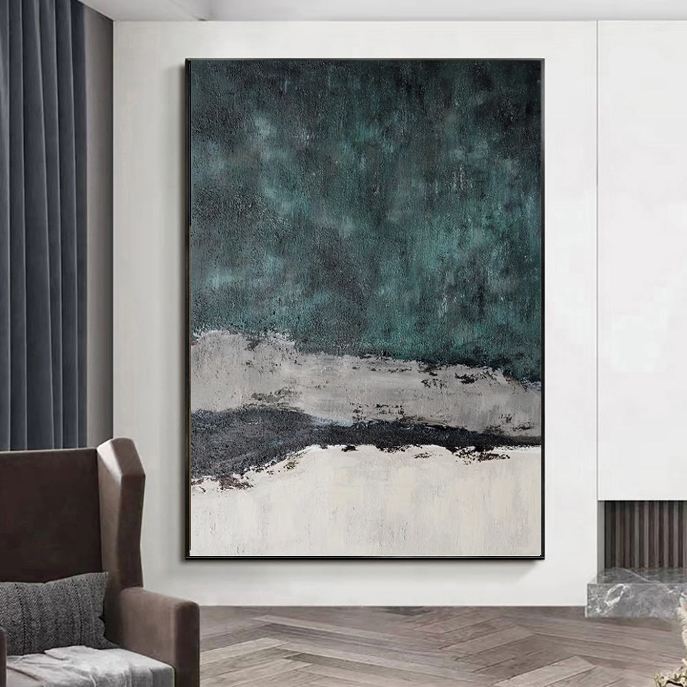 Deep Teal Abstract Impasto Oil Painting – Moody Green Wabi-Sabi Vertical Canvas, wall art, crafted in a warm Japandi