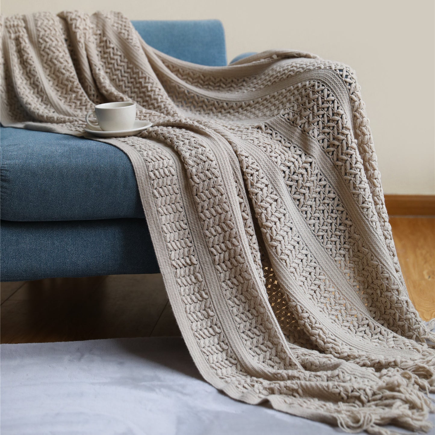 Tassel Knit Throw Blanket | Nordic Sofa & Bed Throw, blankets & throws, front view, with calming Nordic simplicity