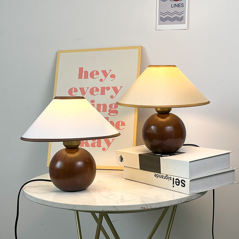 Walnut Sphere Table Lamp – Conical Fabric Shade Retro Bedside Light, night lights, detail view, embracing wabi-sabi natural