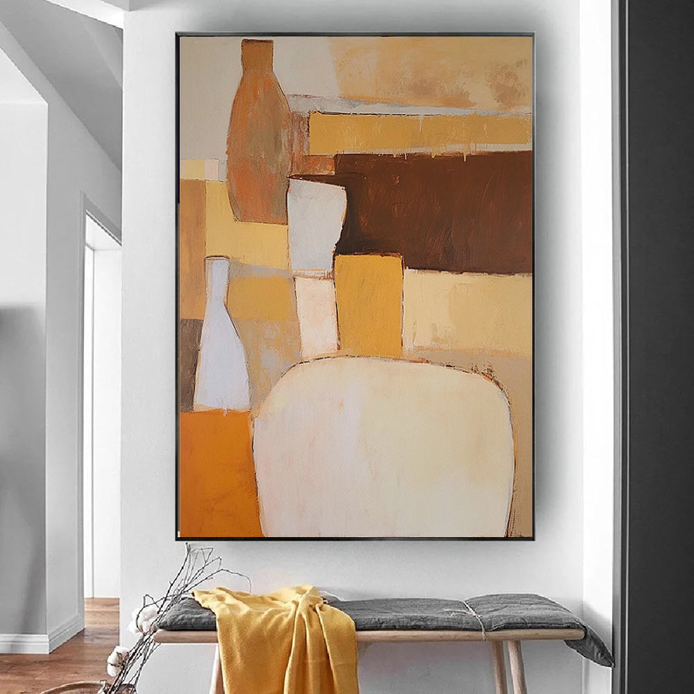 Warm Terracotta Geometric Abstract Oil Painting – Japandi Wabi-Sabi Vertical Canvas, wall art, in a styled setting, in soft