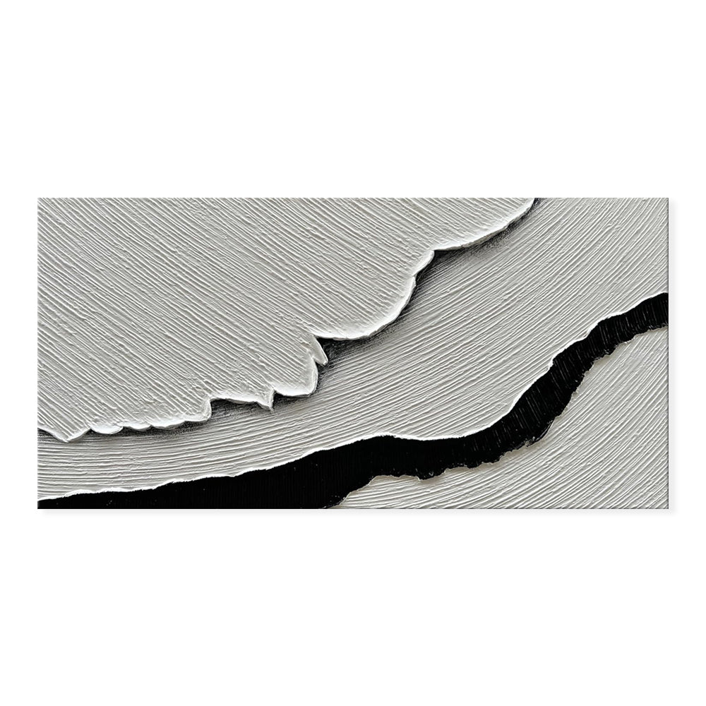 Black & White Ocean Wave Impasto Oil Painting – Textured Monochrome Sea Canvas, wall art, front view, with calming Nordic