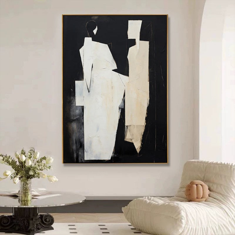 Two Souls – Noir Abstract Figurative Oil Painting | Black & White Vertical Canvas, wall art, front view, with calming Nordic
