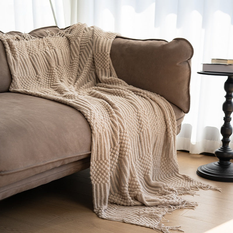 Multi-Pattern Knit Throw Blanket | Japandi Tassel Sofa Blanket, blankets & throws, in a styled setting, in soft neutral