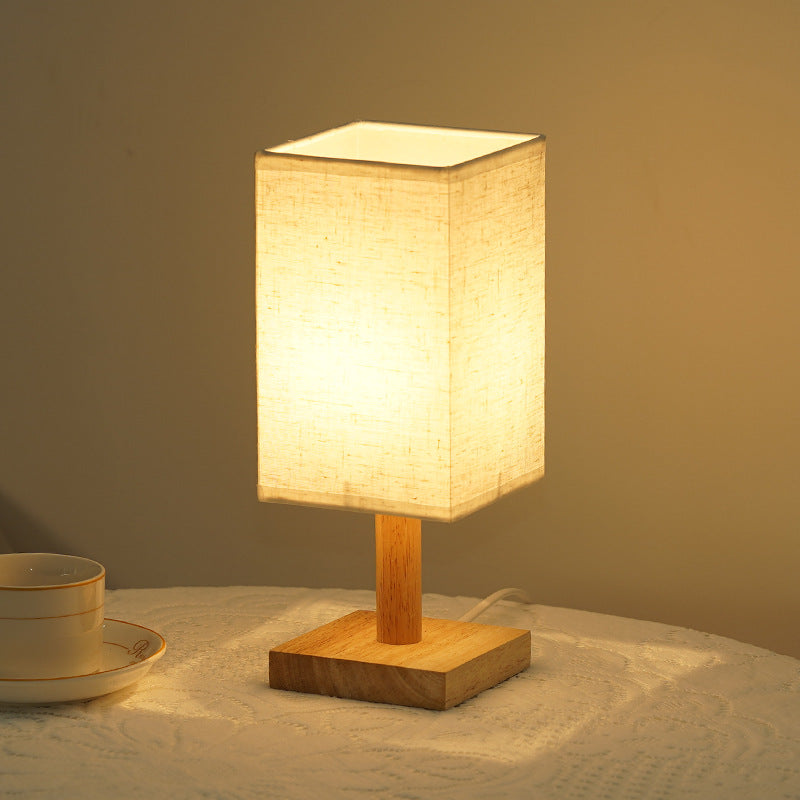 Rechargeable Bamboo Wood Bedside Lamp – Patterned Fabric Shade Night Light, night lights, close-up detail, crafted in a warm