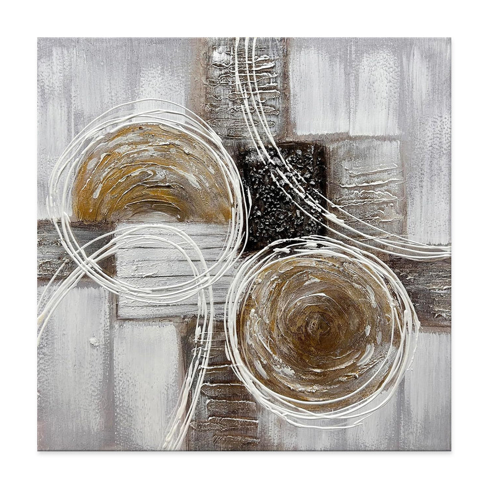 Gold Orbital Abstract Impasto Oil Painting – Bronze, Grey & Black Textured Square Canvas, wall art, in a styled setting, in
